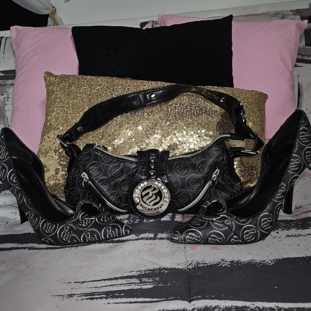 Black and Silver ROCA WEAR Handbag and Heels Set